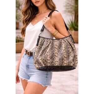 Badgley Mischka Snakeskin Print Shoulder Bag Black Gray Pleated Hobo Purse
